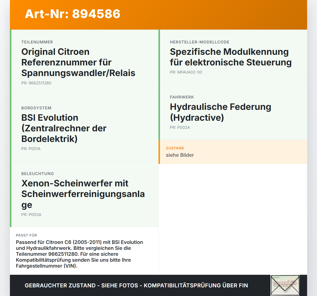 Citroen C6 05-11 Relais Sicherungs Spannungswandler Citroen C6 05-11 01.05.2005 9662511280 gebraucht Vorschau 3