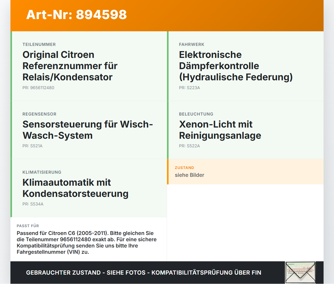 Citroen C6 05-11 Relais Sensor Kondensator Citroen C6 05-11 01.05.2005 9656112480 gebraucht Vorschau 3