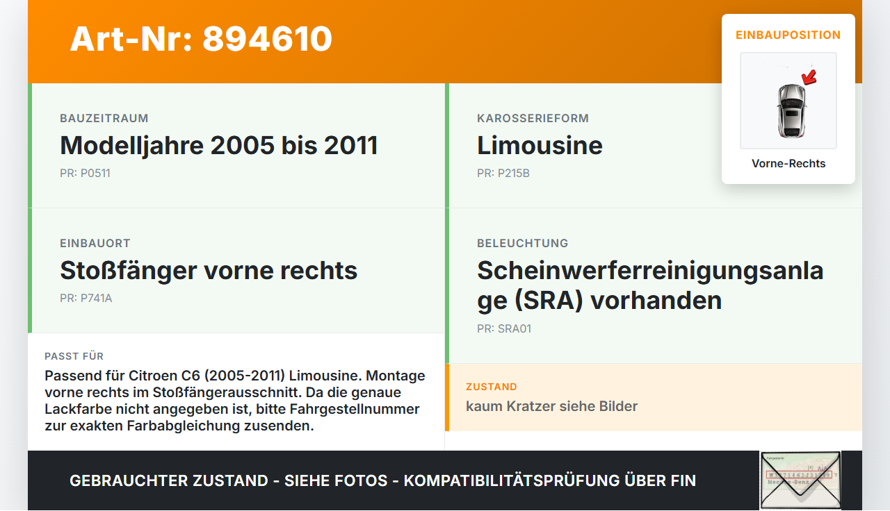 Citroen C6 05-11 Lim Blende Aussen Kappe Deckel für Ausschnitt Abschleppöse Stoßstange Vorne Rechts Citroen C6... Vorschau 3