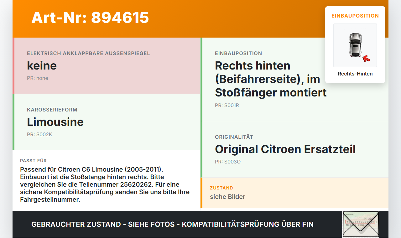 Citroen C6 05-11 Lim Rückleuchte Rücklicht für Stoßstange Rechts Hinten orig Citroen C6 05-11 01.05.2005 25620262... Vorschau 3