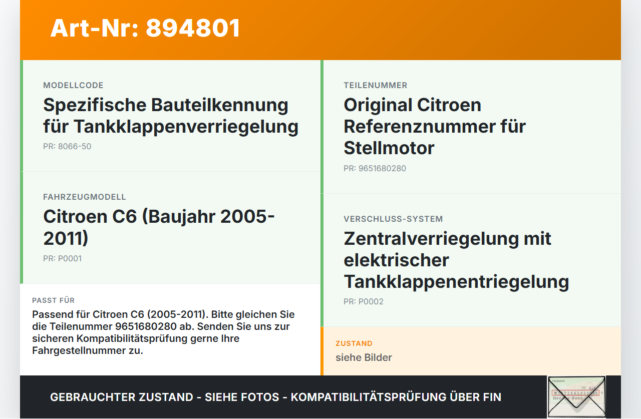Citroen C6 05-11 Tankdeckel Stellmotor Tankklappenmotor Citroen C6 05-11 01.05.2005 9651680280 8066-50 gebraucht Vorschau 3