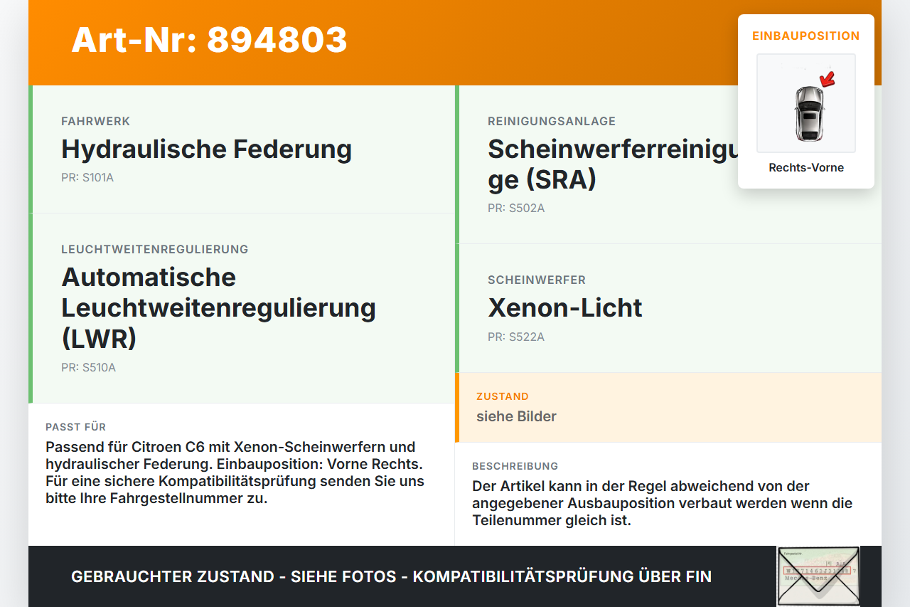 Citroen C6 05-11 Xenon LWR Sensor Neigung Rechts Vorne Citroen C6 05-11 01.05.2005 gebraucht Vorschau 3