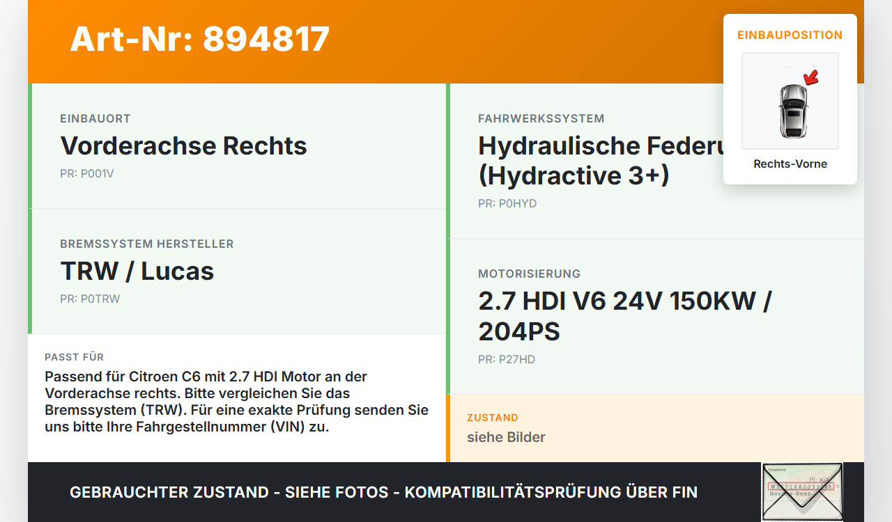 Citroen C6 05-11 HDI 2,7 150KW Bremssattel Bremszange Vorne Rechts Orig. TRW Citroen C6 05-11 01.05.2005 9684703380... Vorschau 3