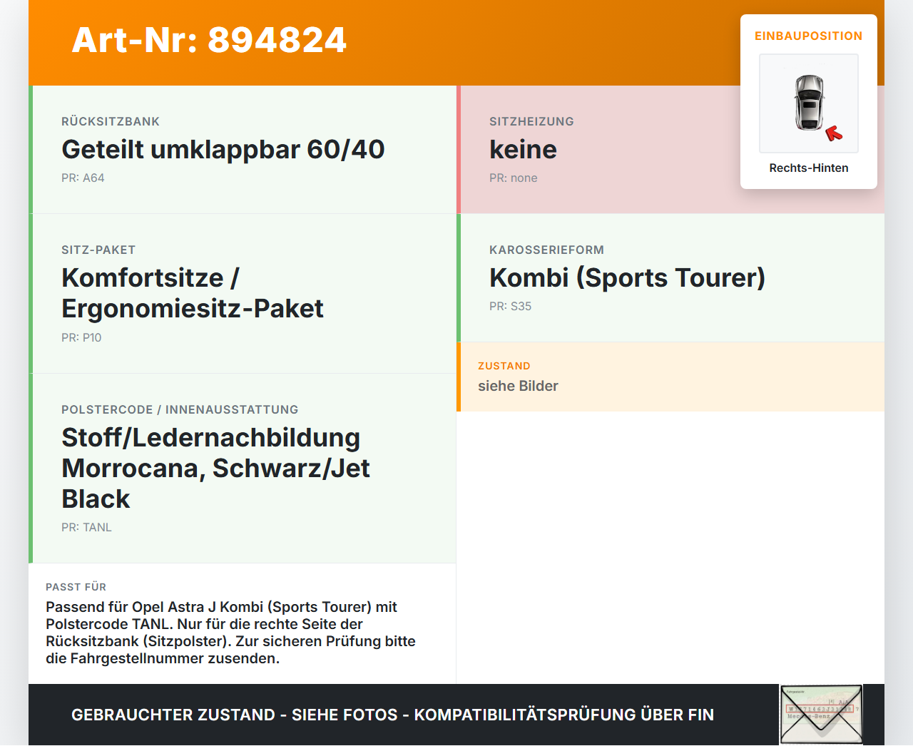 Opel Astra J 12-18 Kombi Sitzbezug Sitzpolster Rechts für Rücksitzbank Hinten Opel Astra J 12-18 31.08.2015 gebraucht Vorschau 3