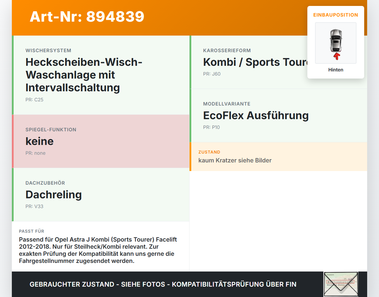 Opel Astra J 12-18 Kombi Scheibenwischer Heckwischer Hinten Wischarm Opel Astra J 12-18 31.08.2015 gebraucht Vorschau 3