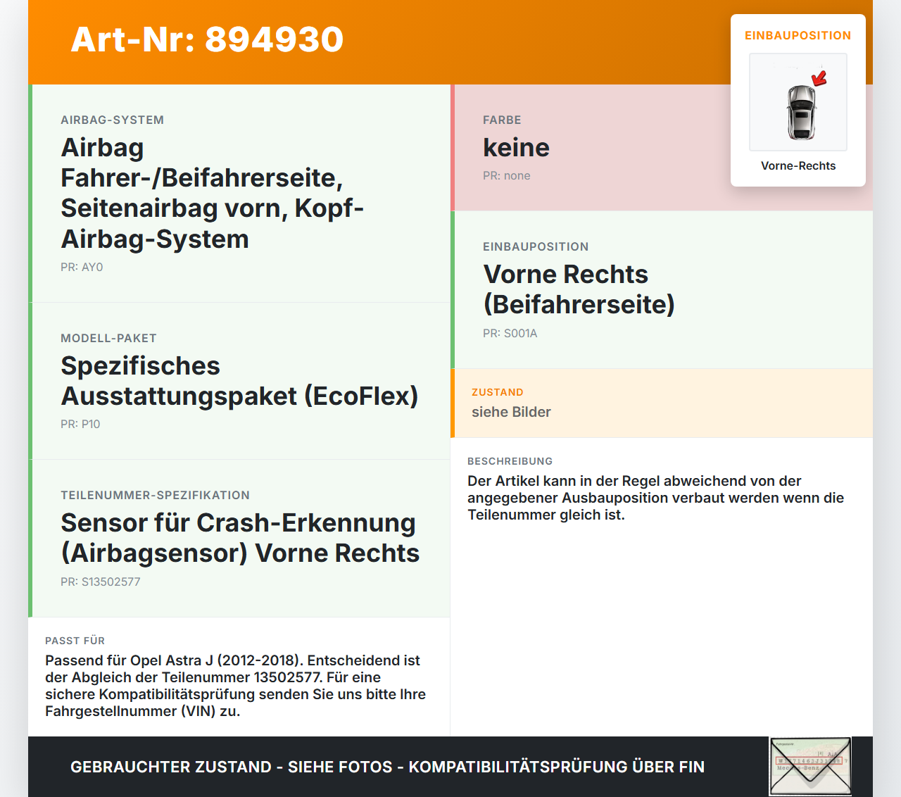 Opel Astra J 12-18 Sensor für Airbag Crashsensor Airbagsensor Vorne Rechts Opel Astra J 12-18 31.08.2015 13502577... Vorschau 3