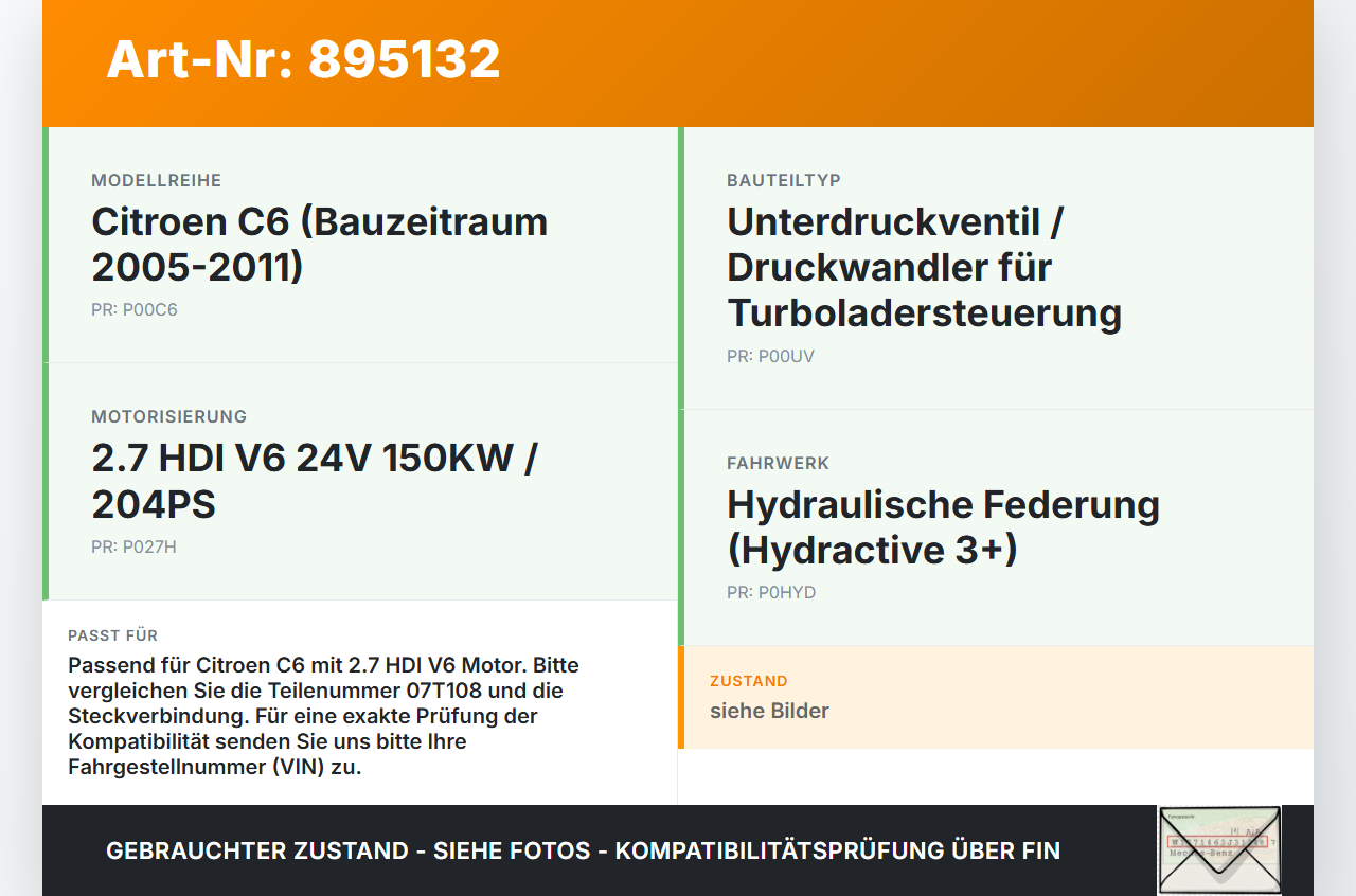 Citroen C6 05-11 HDI 2,7 150KW Unterdruckventil Citroen C6 05-11 01.05.2005 07T108 gebraucht Vorschau 3