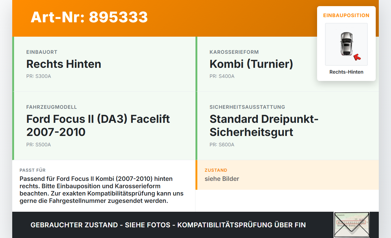 Ford Focus II DA 07-10 Kombi Gurt Sicherheitsgurt Rechts Hinten Ford Focus II DA 07-10 10.03.2008 A611B68... Vorschau 3