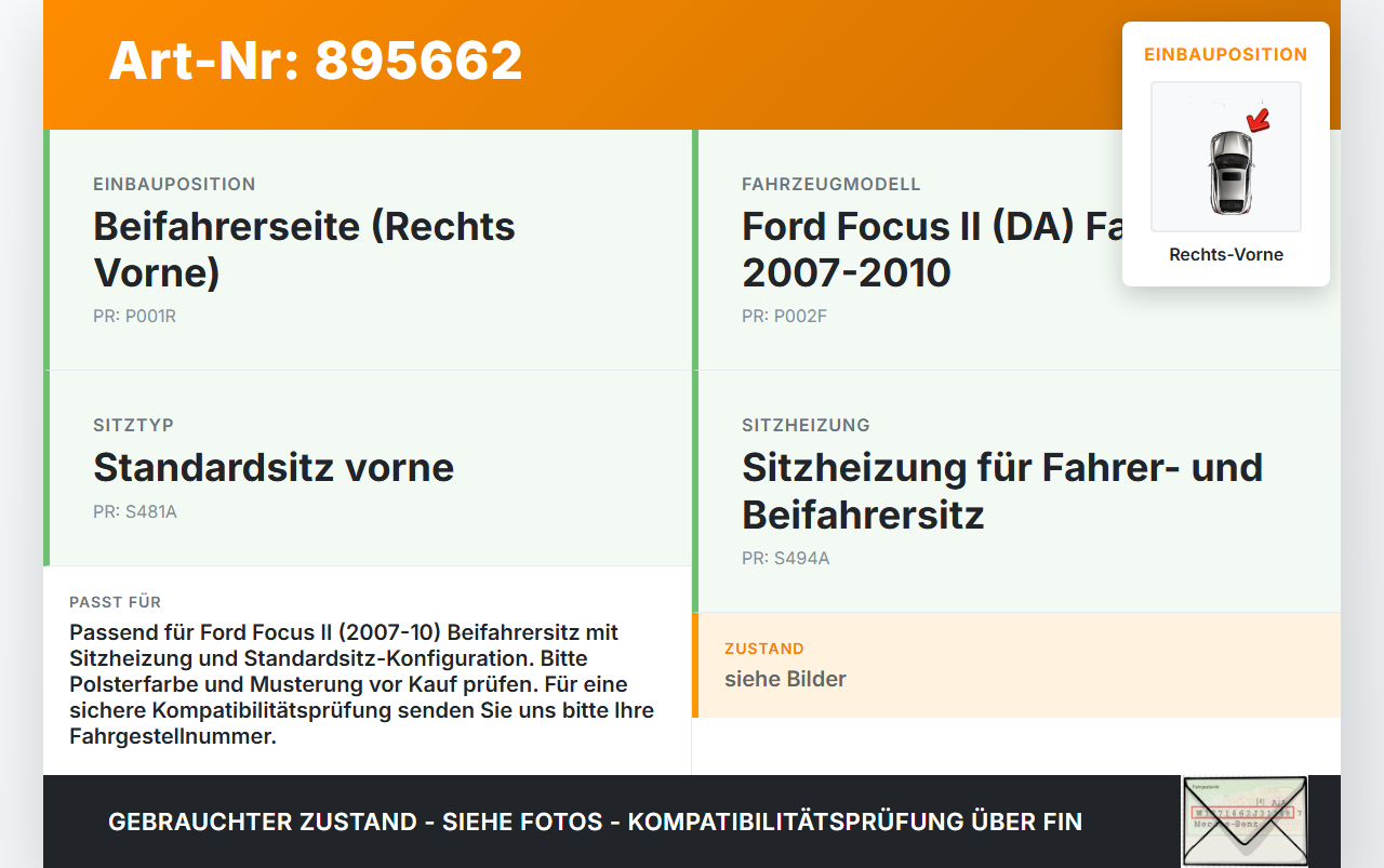 Ford Focus II DA 07-10 Kombi Sitzbezug Sitzpolster für Beifahrersitz Rechts Vorne beheizt Ford Focus II DA 07-10... Vorschau 3