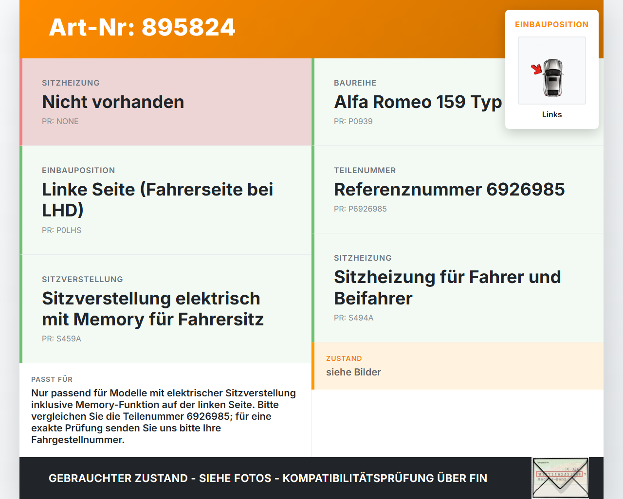 BMW E61 530d 04-07 Sitzverstellung Schalter Links mit Memory BMW E61 530d 04-07 31.03.2005 53349708 6926985 gebraucht Vorschau 3