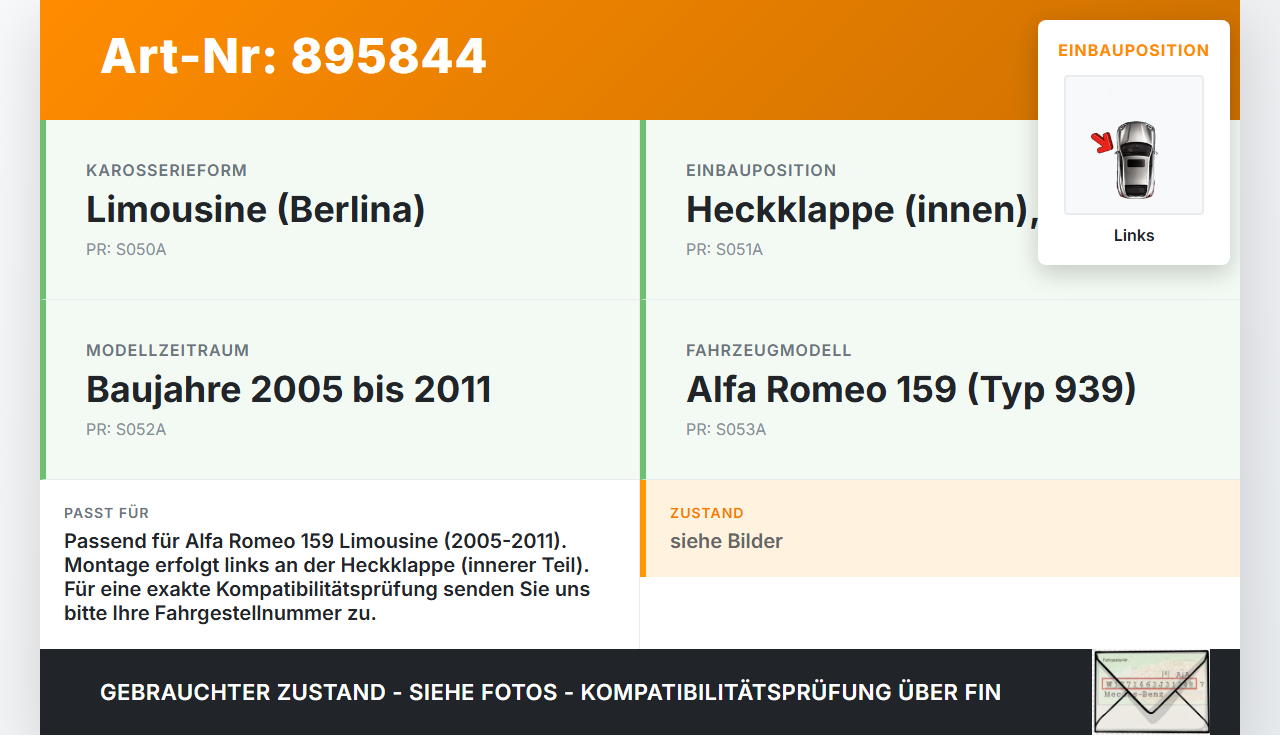 Alfa Romeo 159 939 06-11 Lim Rückleuchte Heckleuchte für Klappe Links Alfa Romeo 159 939 06-11 09.03.2009 F9395623... Vorschau 3