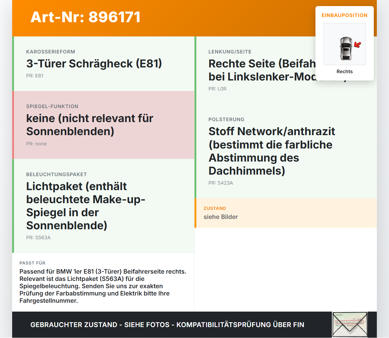 BMW E81 1er 120d 07-11 Sonnenblende Rechts für Beifahrer BMW E81 1er 120d 07-11 16.10.2007 gebraucht Vorschau 3