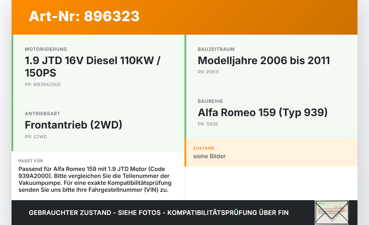 Alfa Romeo 159 939 06-11 JTD 1,9 110KW 939A2000 Unterdruckpumpe Vakuumpumpe Alfa Romeo 159 939 06-11 09.03.2009... Vorschau 3