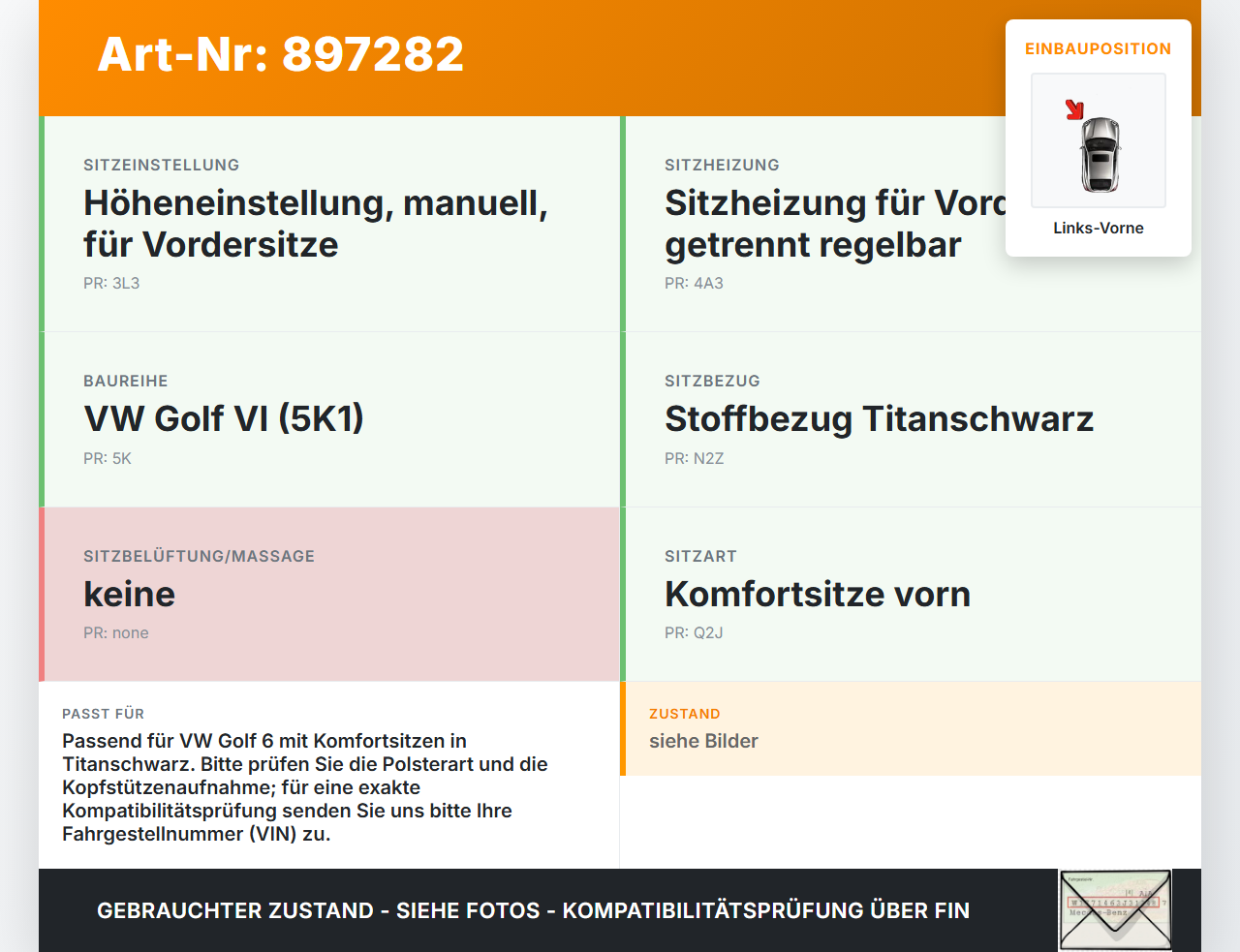 VW Golf 5K 6 VI 08-12 Kopfstütze für Fahrer Sitz Links Vorne VW Golf 5K 6 VI 08-12 17.11.2009 gebraucht Vorschau 3