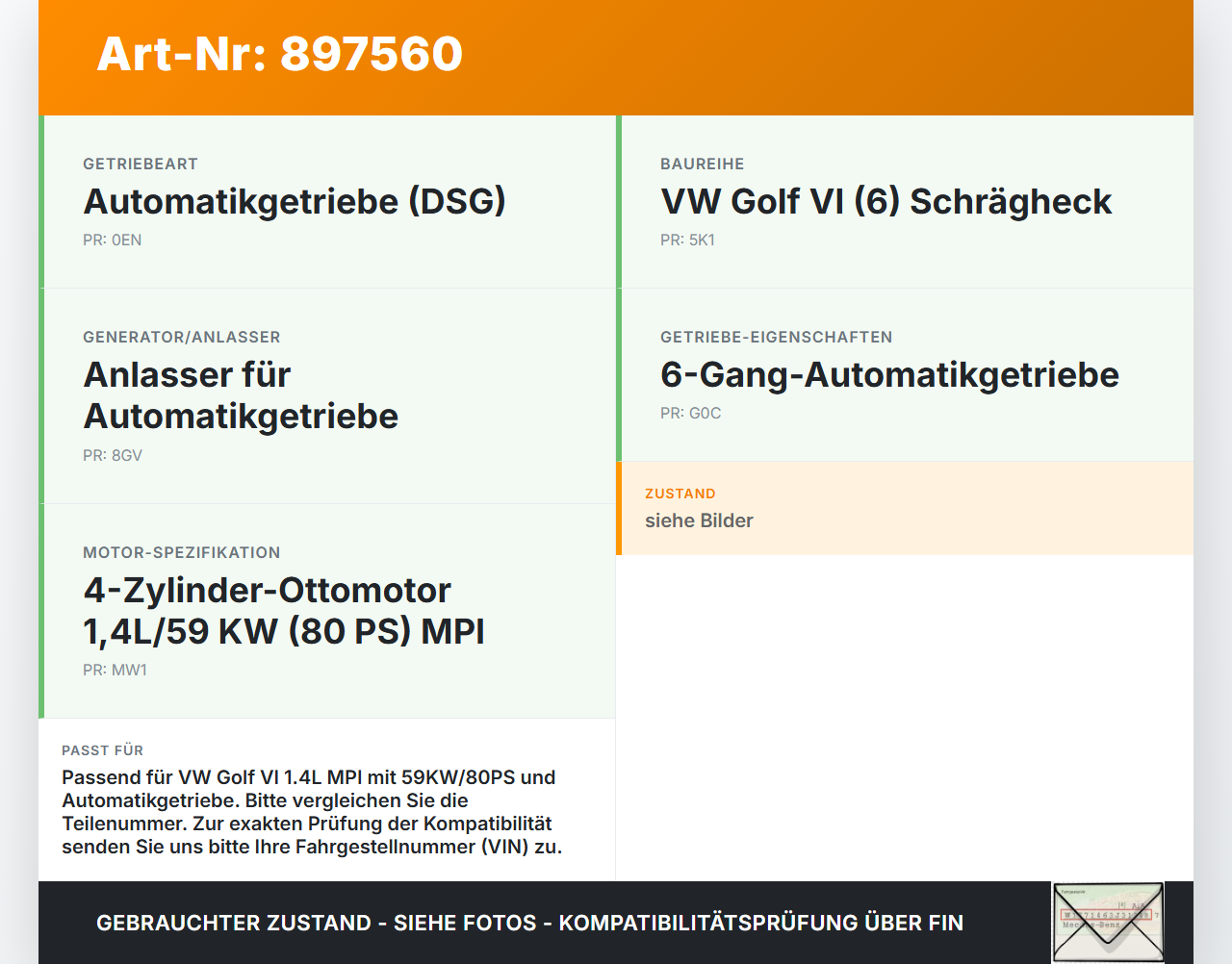 VW Golf 5K 6 VI 08-12 1,4 59KW Autom Anlasser Starter VW Golf 5K 6 VI 08-12 17.11.2009 02T911023S gebraucht Vorschau 3