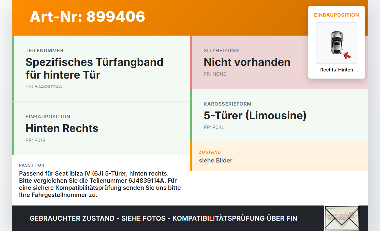 Seat Ibiza IV 6J 08-12 5T Türfangband Rechts Hinten Seat Ibiza IV 6J 08-12 04.05.2011 6J4839114A gebraucht Vorschau 3
