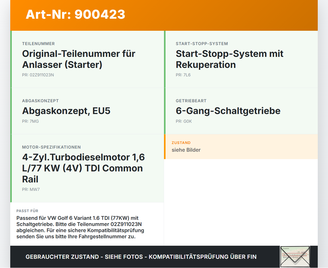 VW Golf 6 VI Variant 08-13 TDi 1,6 77KW Anlasser Starter VW Golf 6 VI Variant 08-13 02.10.2012 02Z911023N gebraucht Vorschau 3
