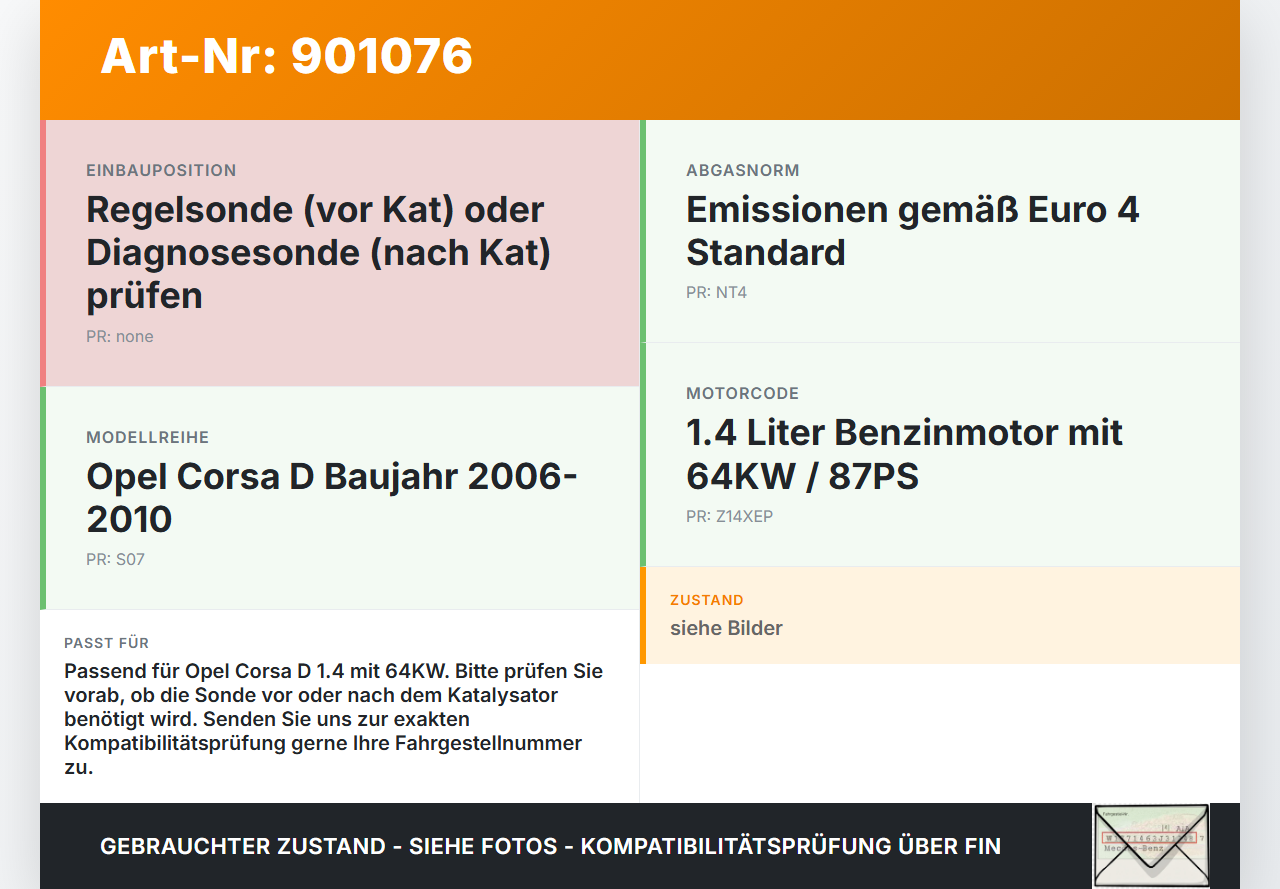Opel Corsa D S07 06-10 1,4 64KW Lambdasonde Opel Corsa D S07 06-10 05.02.2008 gebraucht Vorschau 3