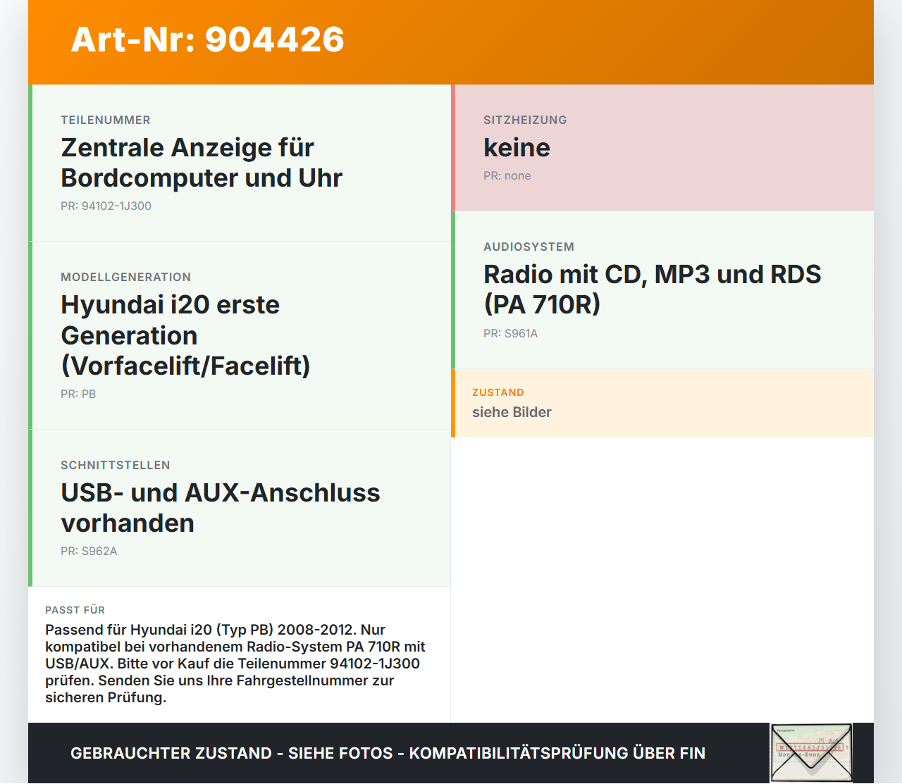 Hyundai I20 PB 08-12 Anzeige Display Bordcomputer Uhr Monitor Hyundai I20 PB 08-12 26.03.2010 94102-1J300... Vorschau 3