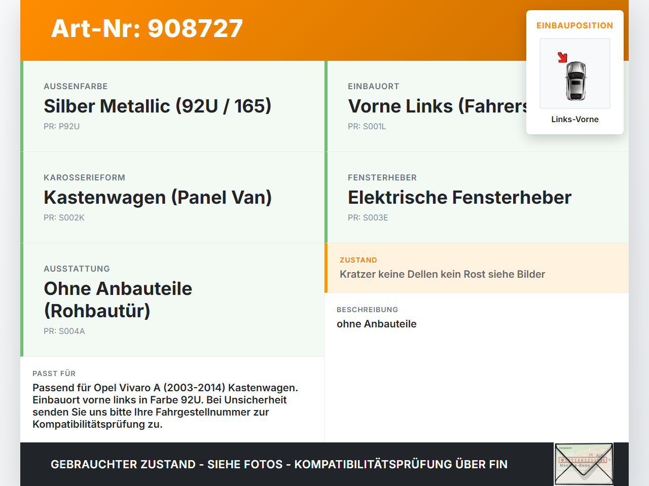 Opel Vivaro A 03-14 Kasten Tür Fahrertür Links Vorne 92U Opel Vivaro A 03-14 04.02.2004 gebraucht Vorschau 3