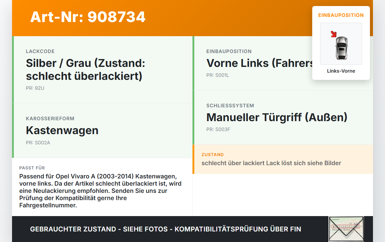 Opel Vivaro A 03-14 Kasten Türgriff Griff aussen Links Vorne 92U Opel Vivaro A 03-14 04.02.2004 gebraucht Vorschau 3