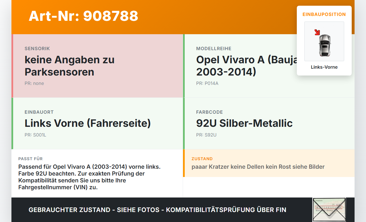 Opel Vivaro A 03-14 Kotflügel Links Vorne 92U Opel Vivaro A 03-14 04.02.2004 gebraucht Vorschau 3