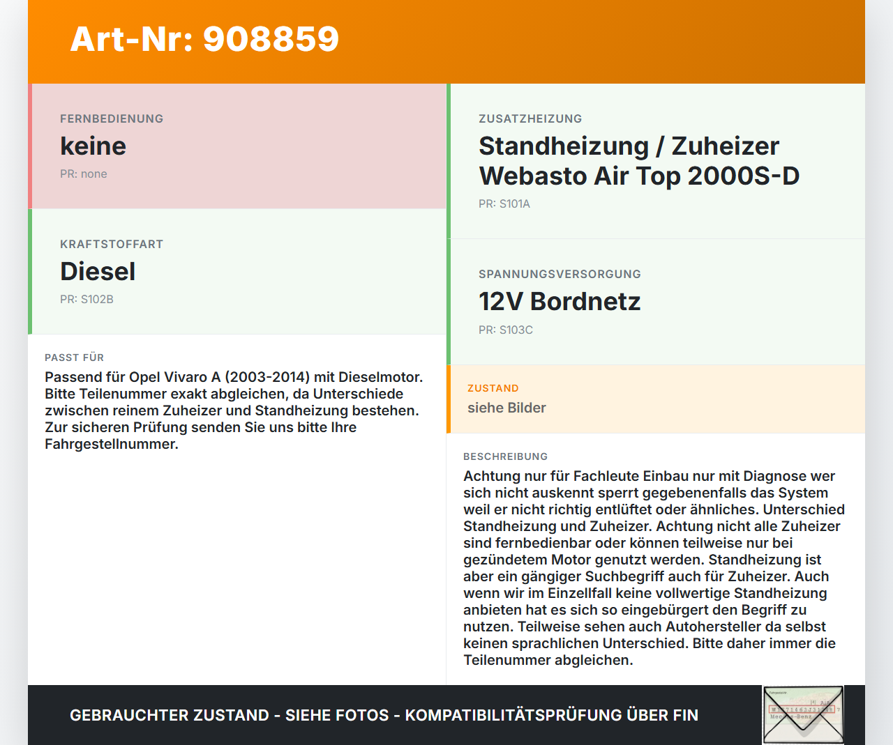 Opel Vivaro A 03-14 Standheizung Zuheizer Orig. Webasto Air Top 2000S-D Opel Vivaro A 03-14 04.02.2004 1301081B... Vorschau 3