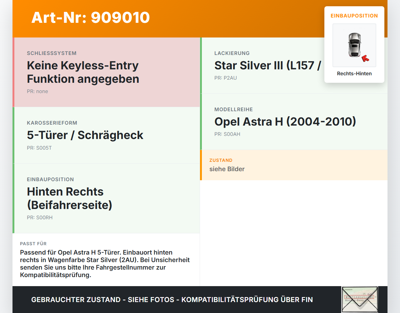 Opel Astra H 04-10 5T Türgriff Griff aussen Rechts Hinten 2AU Opel Astra H 04-10 30.12.2009 gebraucht Vorschau 3