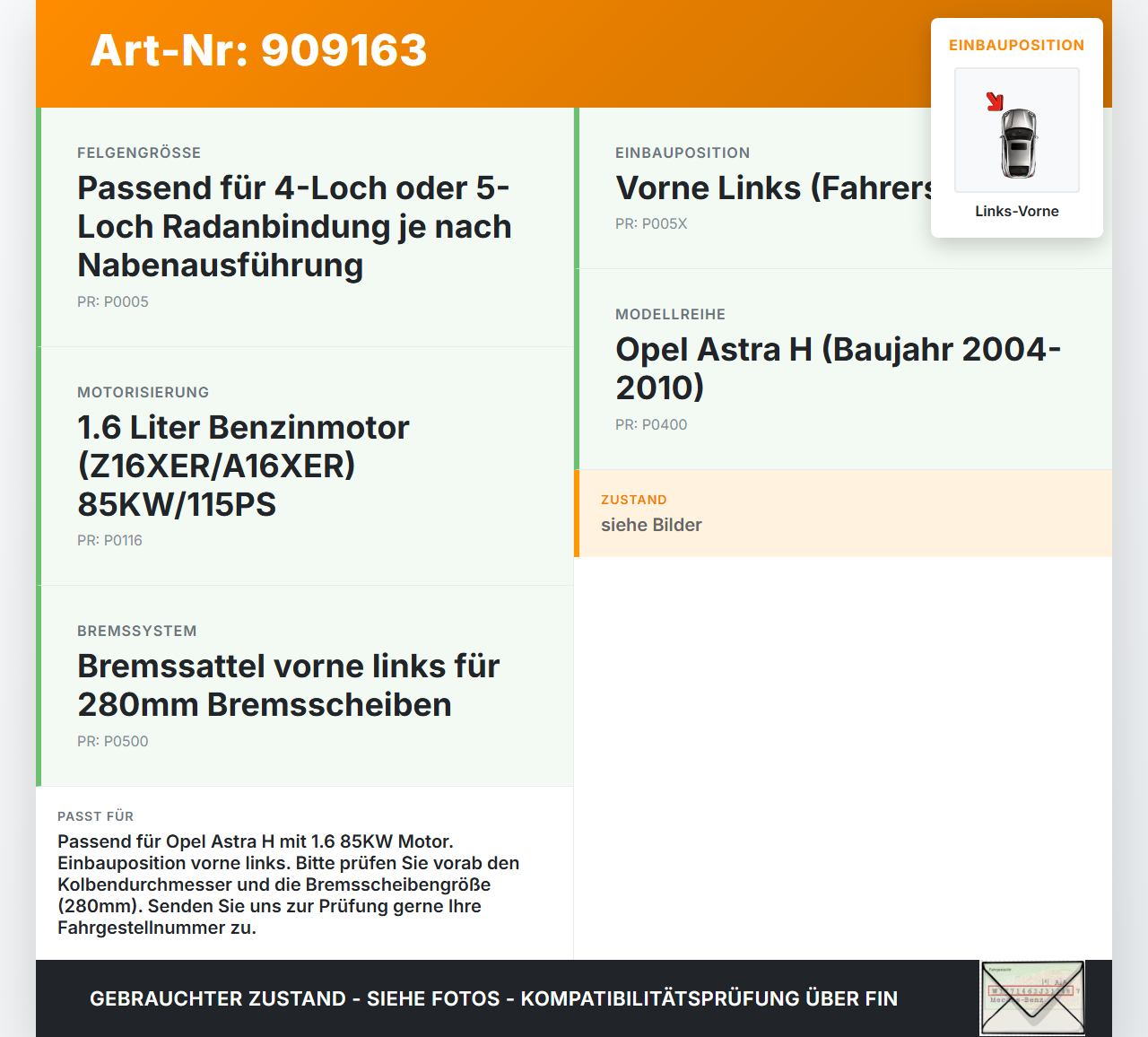 Opel Astra H 04-10 1,6 85KW Bremssattel Bremszange Vorne Links Opel Astra H 04-10 30.12.2009 gebraucht Vorschau 3
