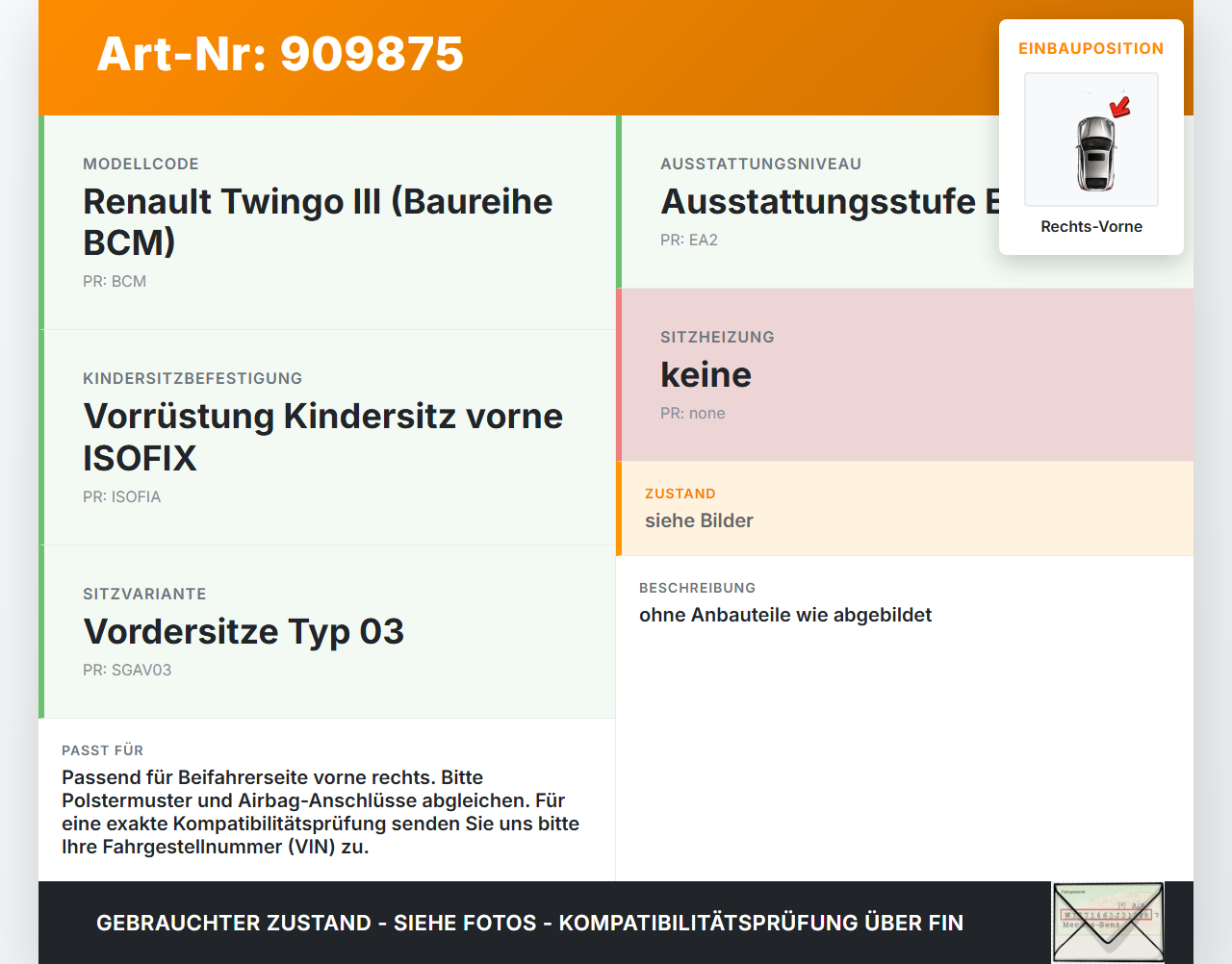 Renault Twingo III BCM 14-19 5T Sitz Beifahrersitz Vorne Rechts Renault Twingo III BCM 14-19 19.01.2016 gebraucht Vorschau 3