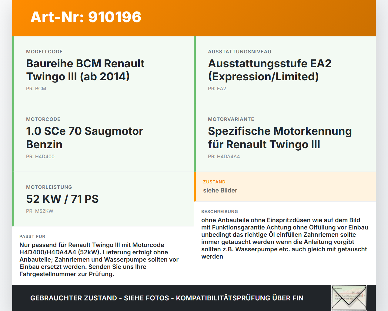 Renault Twingo III BCM 14-19 1,0 52KW H4D400 H4DA4A4 Motor LGFH-2 Renault Twingo III BCM 14-19 19.01.2016 gebraucht Vorschau 3