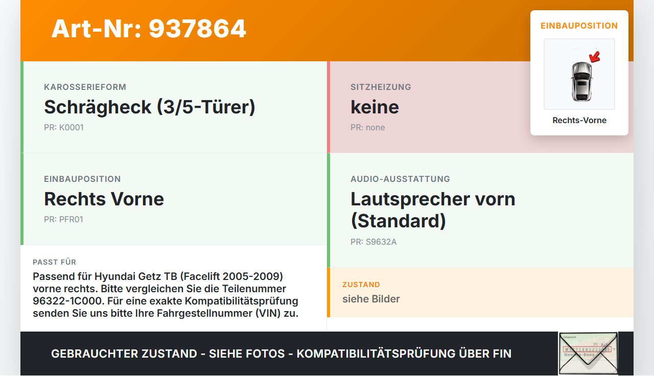 Hyundai Getz TB 05-09 Lautsprecher Rechts Vorne Hyundai Getz TB 05-09 15.02.2005 96322-1C000 96320-1C500 gebraucht Vorschau 3