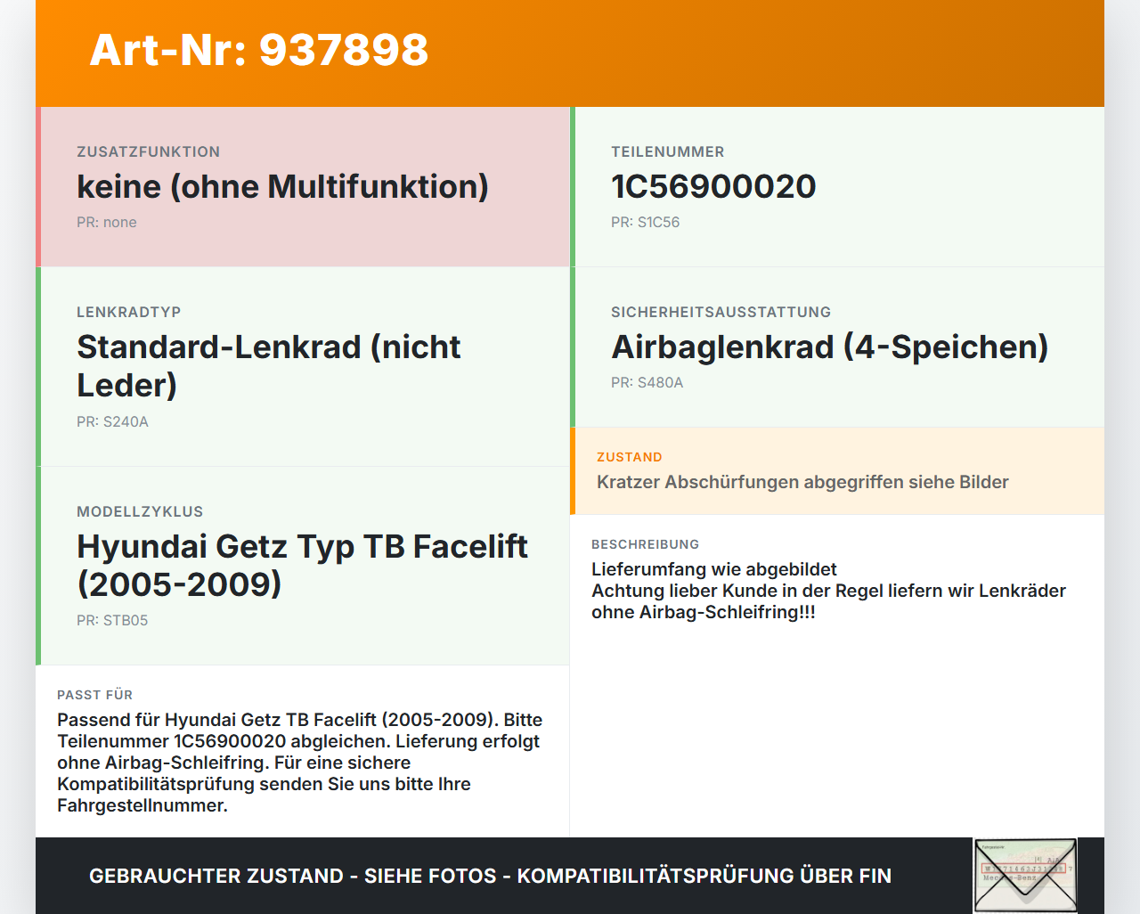 Hyundai Getz TB 05-09 Lenkrad Airbaglenkrad Hyundai Getz TB 05-09 15.02.2005 04XC07671C 1C56900020 gebraucht Vorschau 3