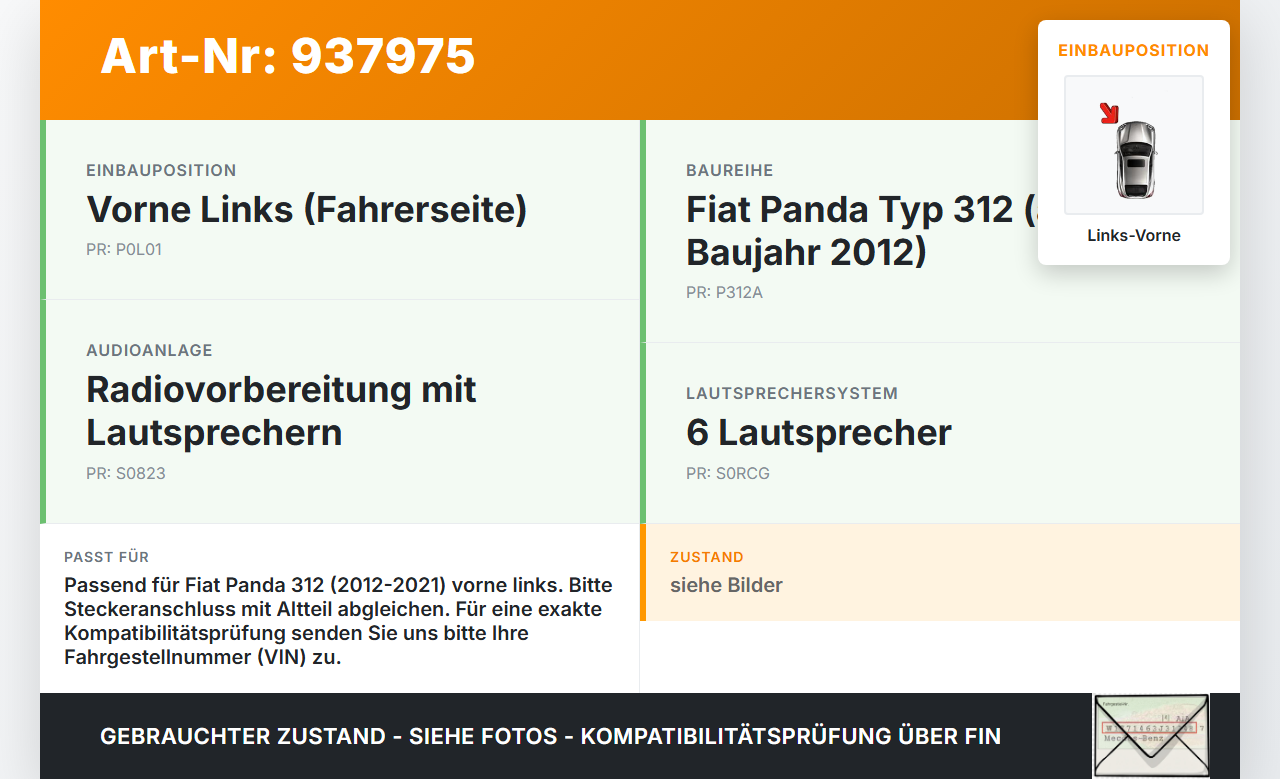 Fiat Panda 312 12-21 Lautsprecher Links Vorne Fiat Panda 312 12-21 28.03.2014 gebraucht Vorschau 3