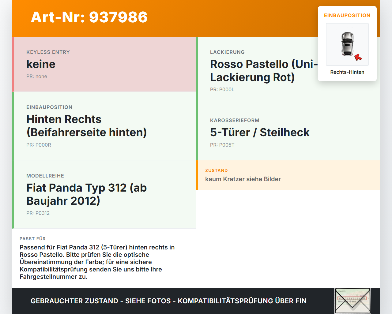 Fiat Panda 312 12-21 5T Türgriff Griff aussen Rechts Hinten ROSSO PASTELLO Fiat Panda 312 12-21 28.03.2014 gebraucht Vorschau 3