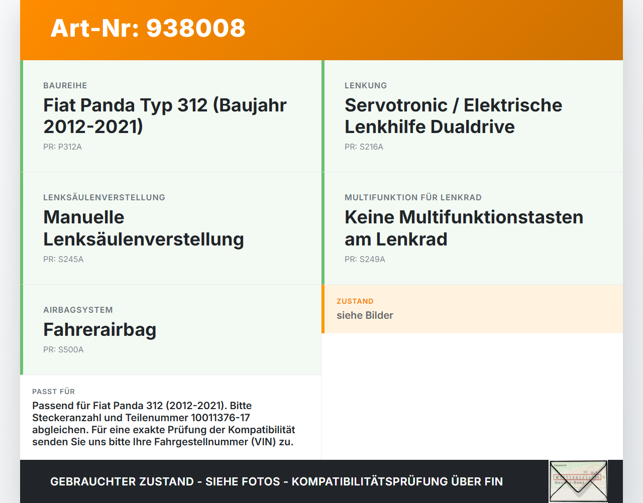 Fiat Panda 312 12-21 Airbag Schleifring Wickelfeder Fiat Panda 312 12-21 28.03.2014 10011376-17 gebraucht Vorschau 3