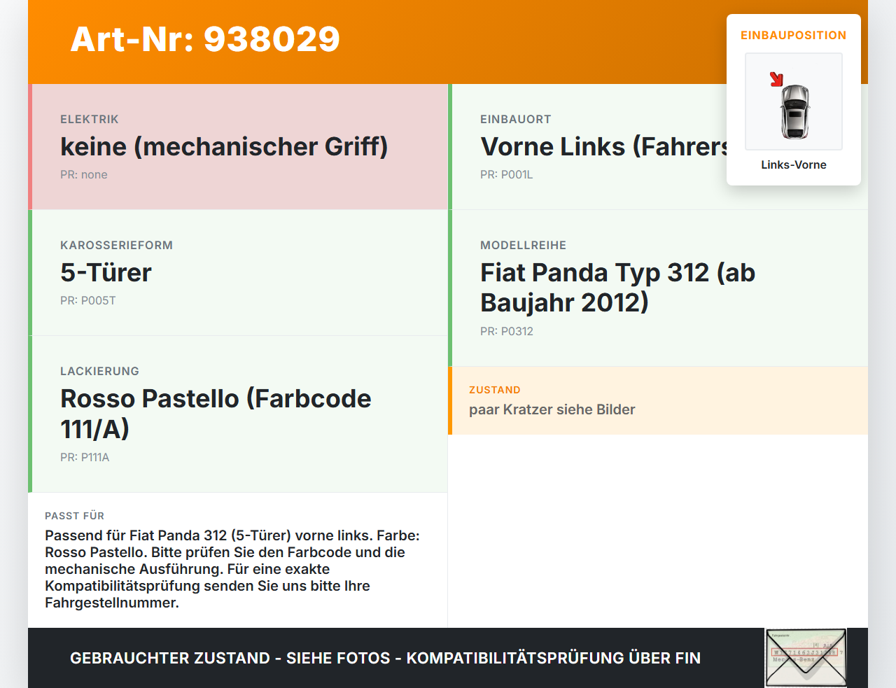 Fiat Panda 312 12-21 5T Türgriff Griff aussen Links Vorne ROSSO PASTELLO Fiat Panda 312 12-21 28.03.2014 gebraucht Vorschau 3