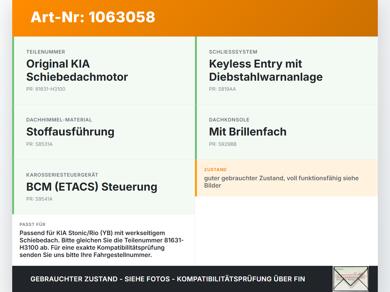 KIA Stonic YB 17-20 Schiebedachmotor KIA Stonic YB 17-20 09.12.2019 81631-H3100 J3.13001E gebraucht Vorschau 3