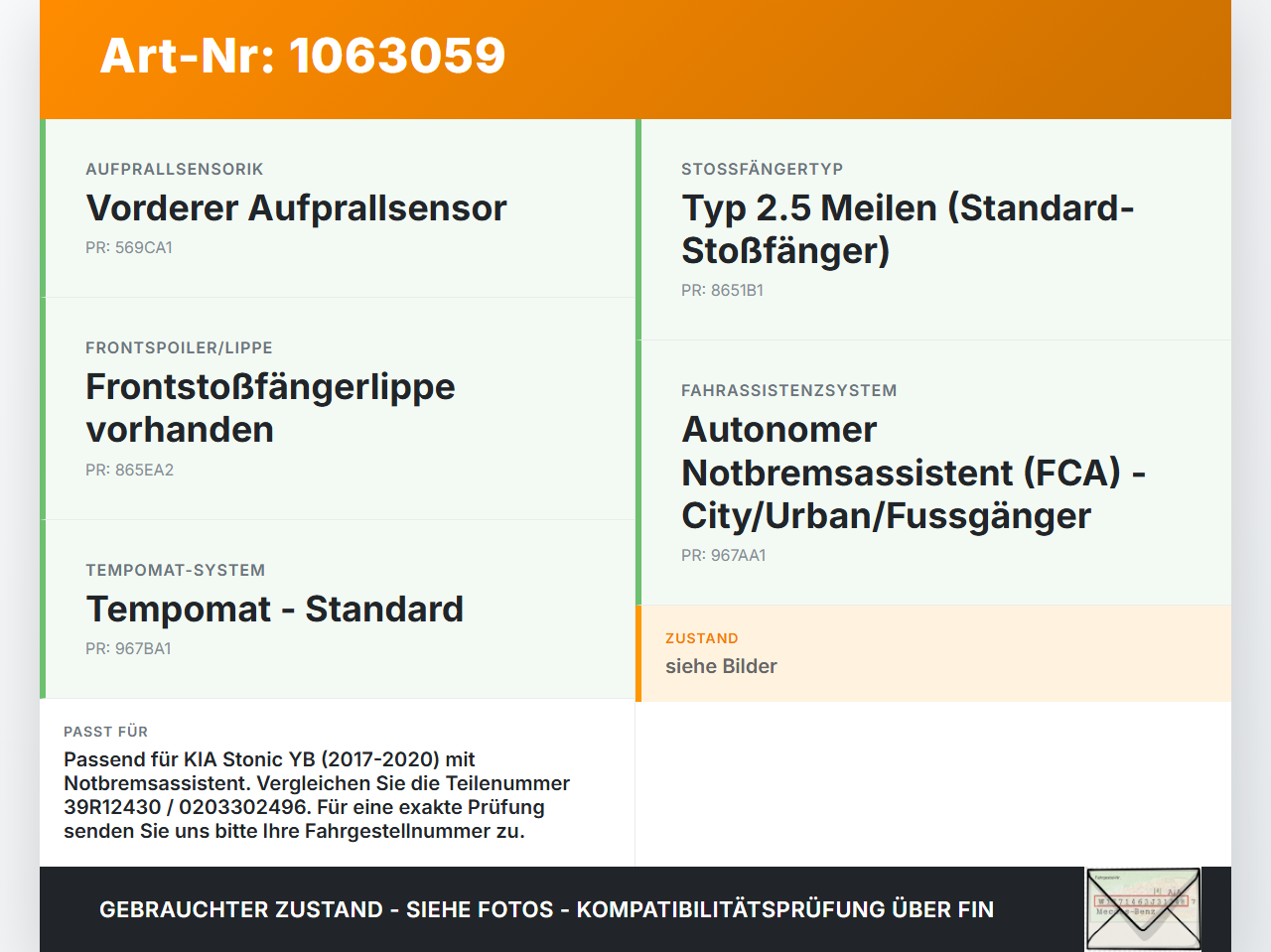 KIA Stonic YB 17-20 Abstandssensor Radar Distronic KIA Stonic YB 17-20 09.12.2019 H8956-50011 0203302496 39R12430... Vorschau 3