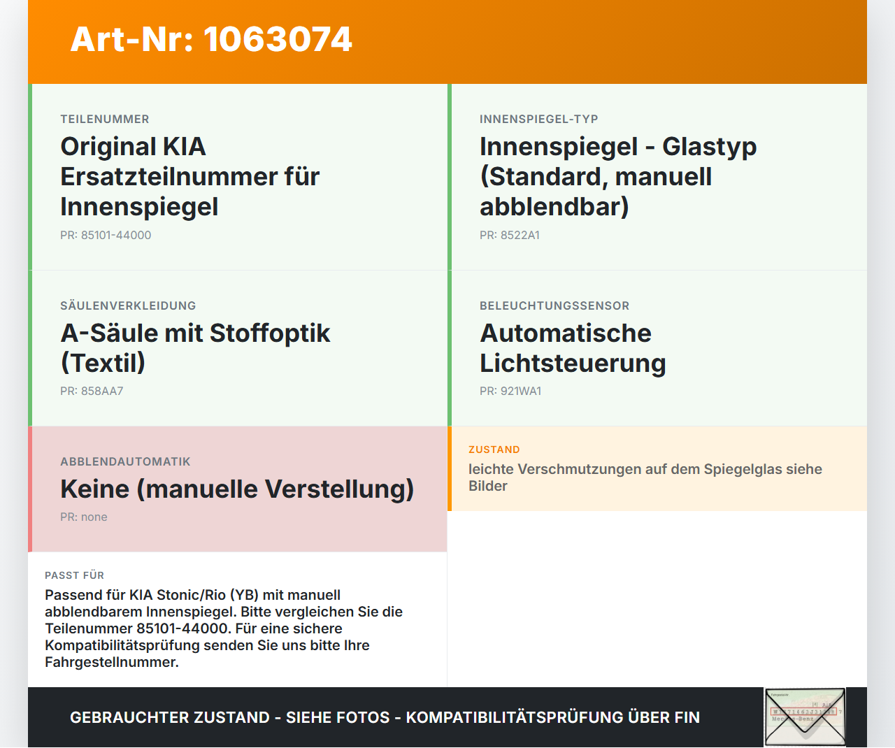 KIA Stonic YB 17-20 Innenspiegel Rückspiegel Spiegel Innen KIA Stonic YB 17-20 09.12.2019 85101-44000 gebraucht Vorschau 3