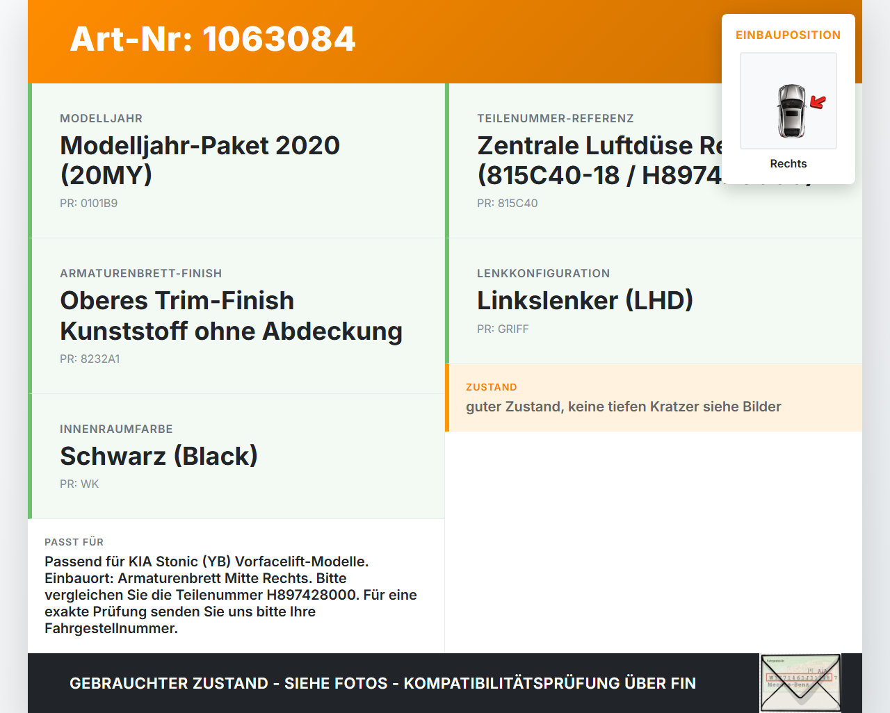 KIA Stonic YB 17-20 Luftdusche Luftdüse Rechts Mitte KIA Stonic YB 17-20 09.12.2019 H897428000 815C40-18 gebraucht Vorschau 3