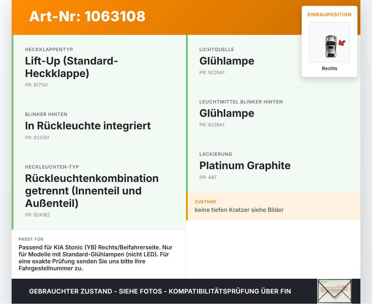 KIA Stonic YB 17-20 Rückleuchte Rücklicht Heckleuchte Rechts orig KIA Stonic YB 17-20 09.12.2019 92406-H8 gebraucht Vorschau 3