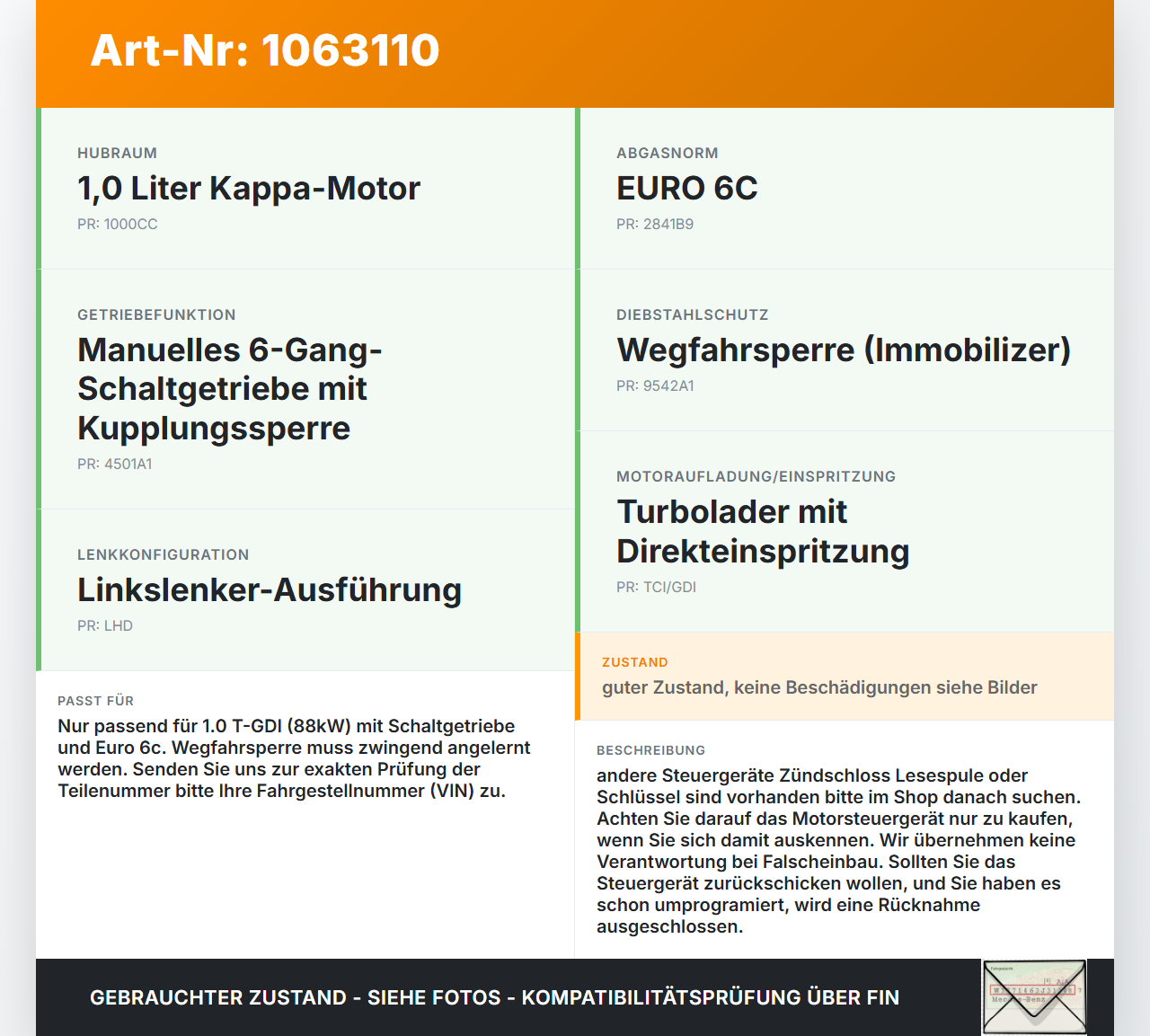 KIA Stonic YB 17-20 1,0 88KW Steuergerät ECU für Motor Motorsteuergerät KIA Stonic YB 17-20 09.12.2019 39128-04047... Vorschau 3
