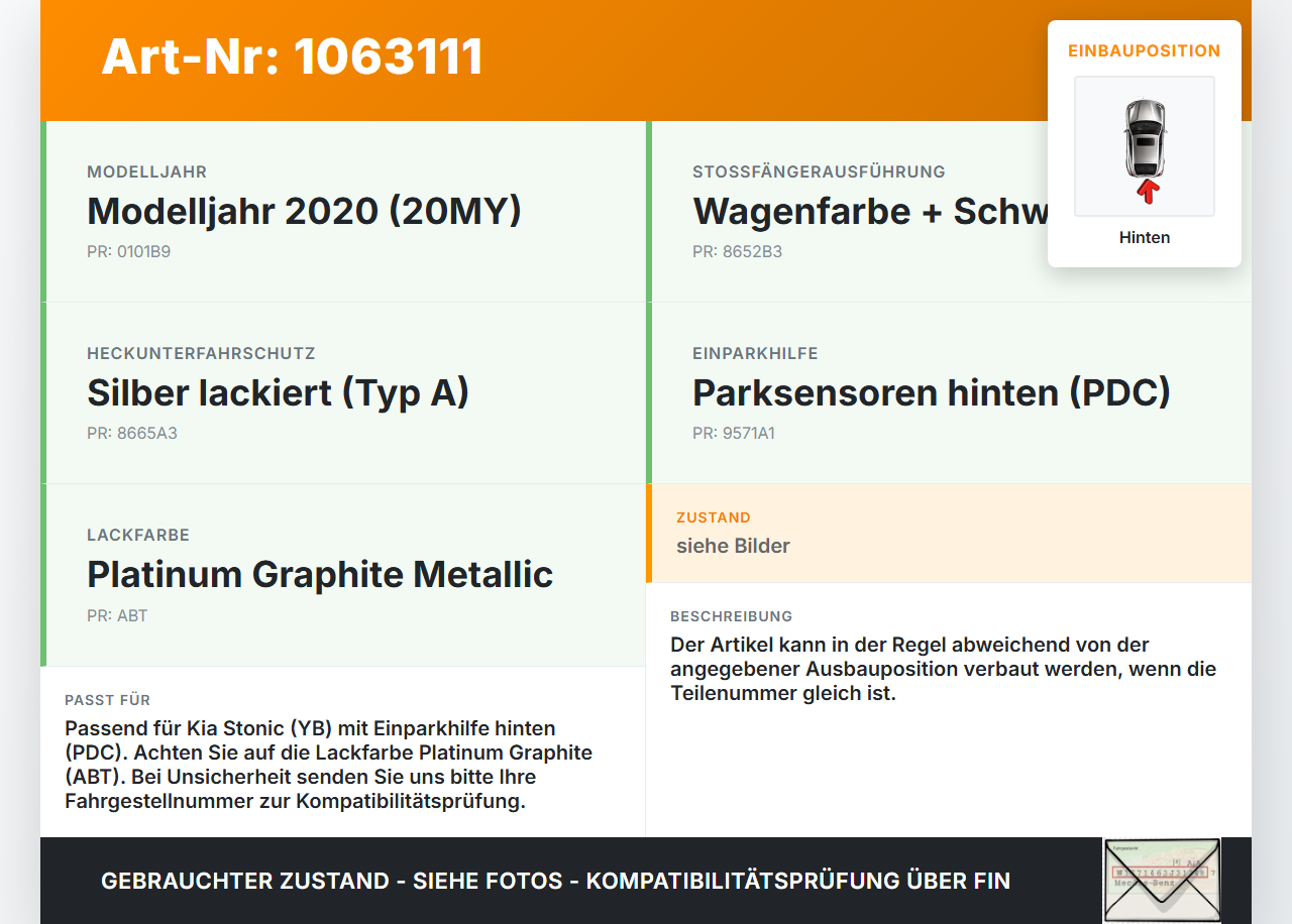 KIA Stonic YB 17-20 Abstands Sensor Parksensor PDC Hinten Set Satz ABT KIA Stonic YB 17-20 09.12.2019 95720-H8100... Vorschau 3