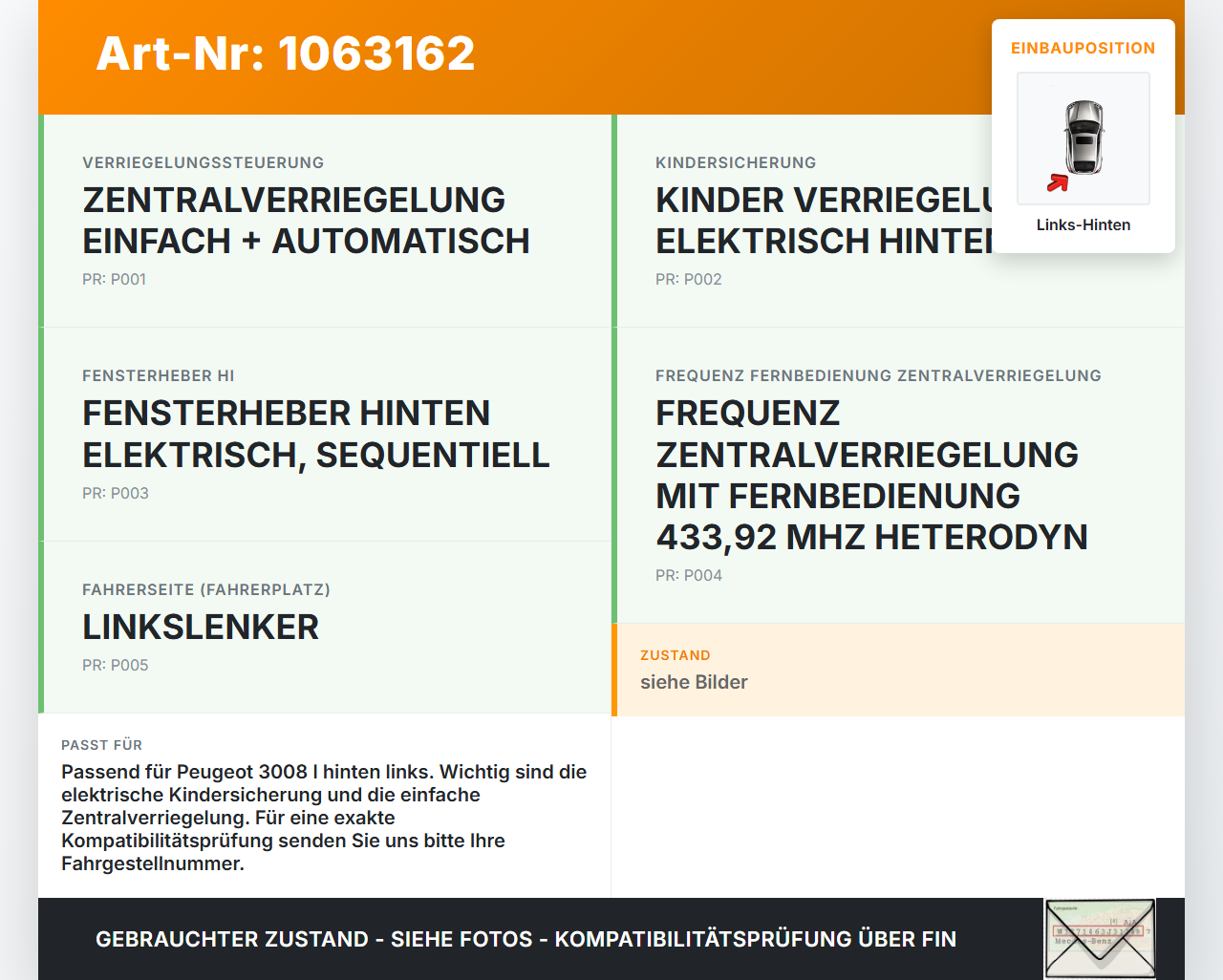 Peugeot 3008 I 0U 13-16 Mehrzweckfahrzeug Türschloss m. ZV Stellmotor Links Hinten Peugeot 3008 I 0U 13-16... Vorschau 3