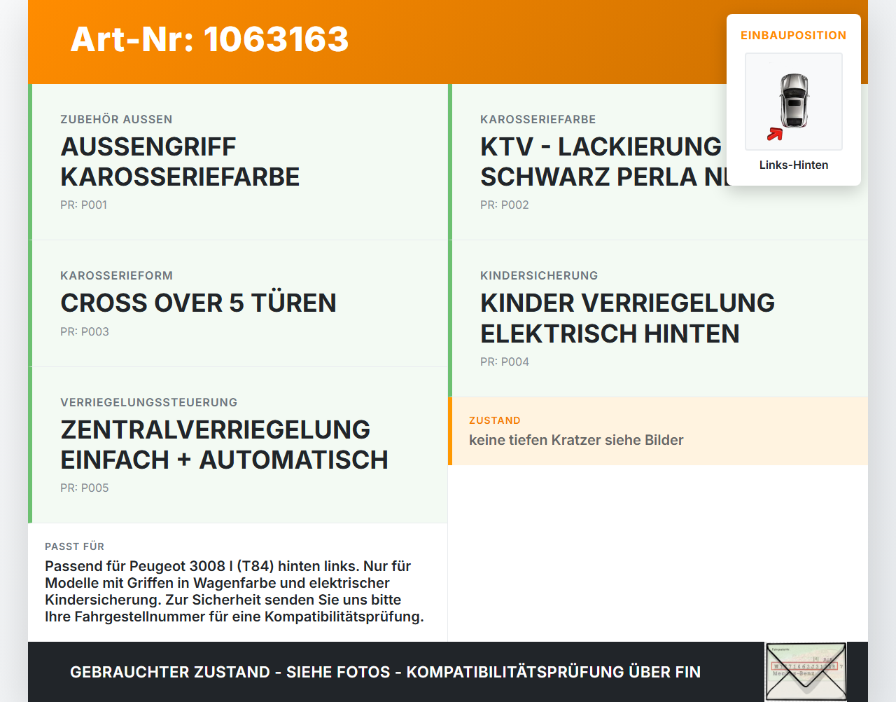 Peugeot 3008 I 0U 13-16 Mehrzweckfahrzeug Türgriff Griff aussen Links Hinten KTV Peugeot 3008 I 0U 13-16 02.01.2012... Vorschau 3