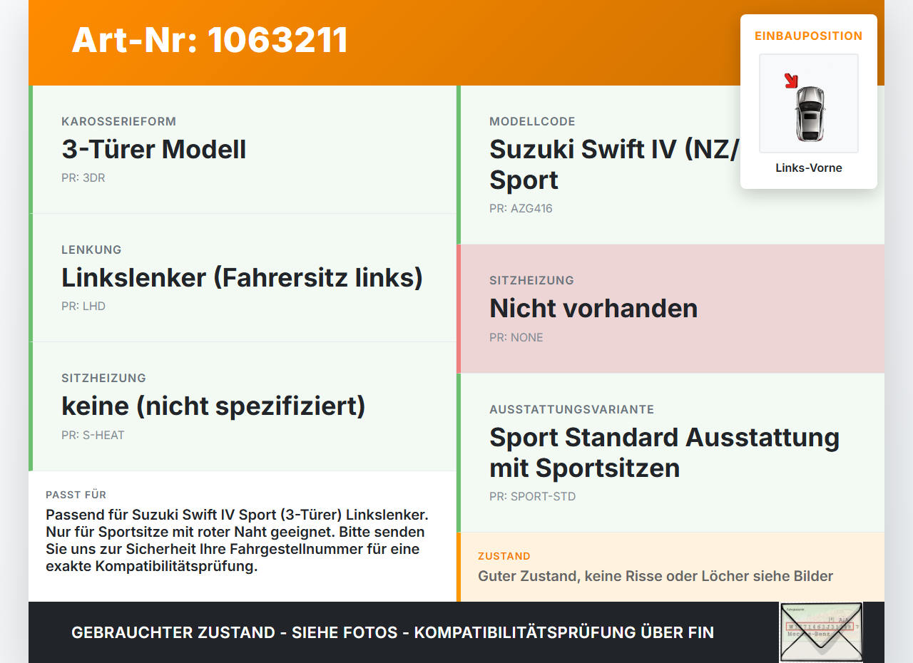 Suzuki Swift IV FZ NZ 12-17 3T Sitzbezug Rückenpolster Links Vorne für Fahrer Sitz rote Naht Suzuki Swift IV FZ NZ... Vorschau 3