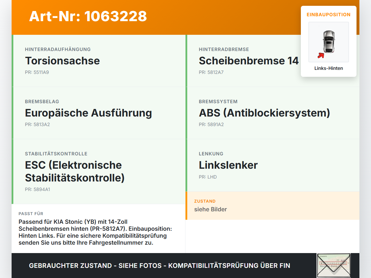 KIA Stonic YB 17-20 1,0 88KW Bremssattel Bremszange Hinten Links KIA Stonic YB 17-20 09.12.2019 BC140360 gebraucht Vorschau 3