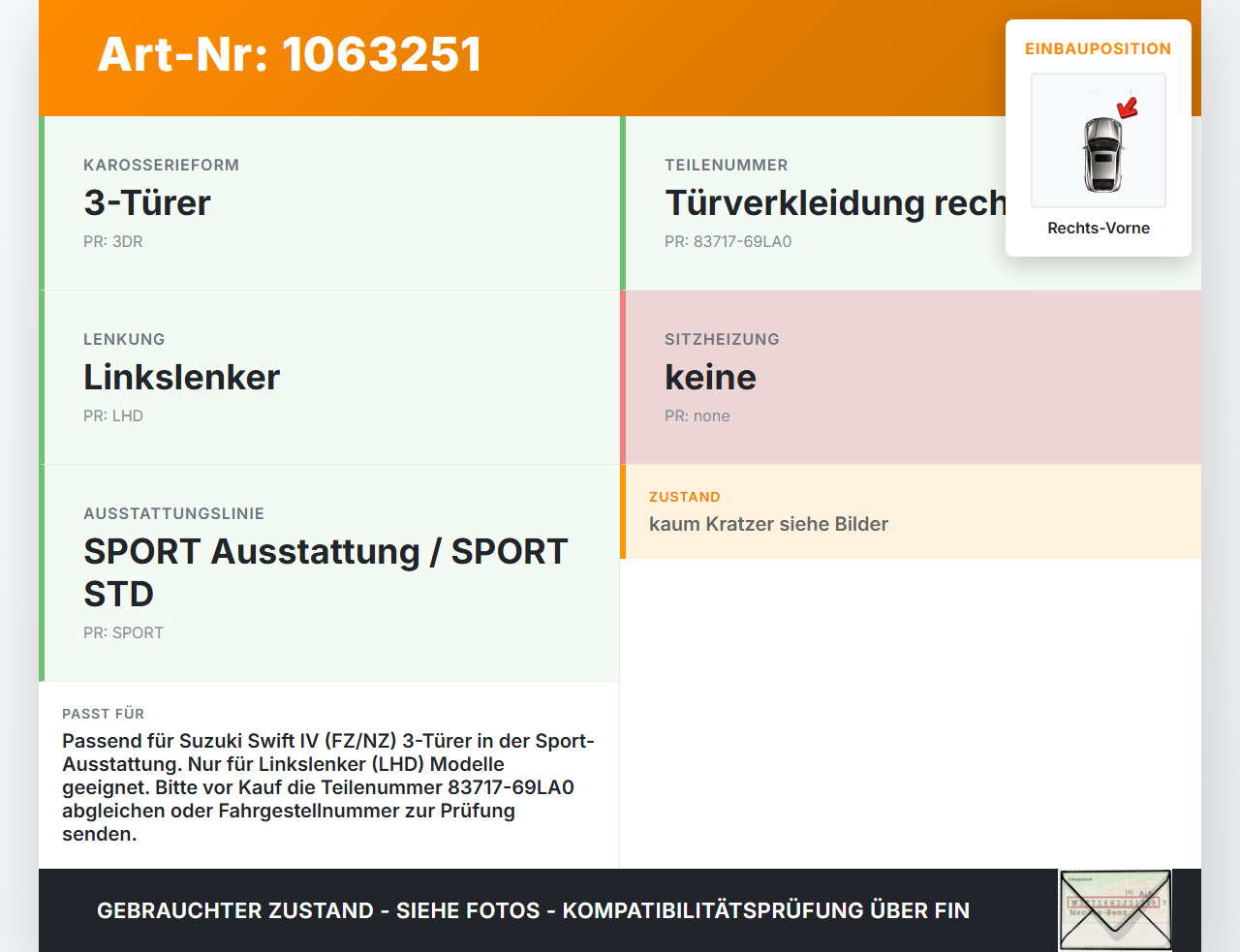 Suzuki Swift IV FZ NZ 12-17 3T Türverkleidung Türpappe Rechts Vorne Suzuki Swift IV FZ NZ 12-17 04.07.2016... Vorschau 3