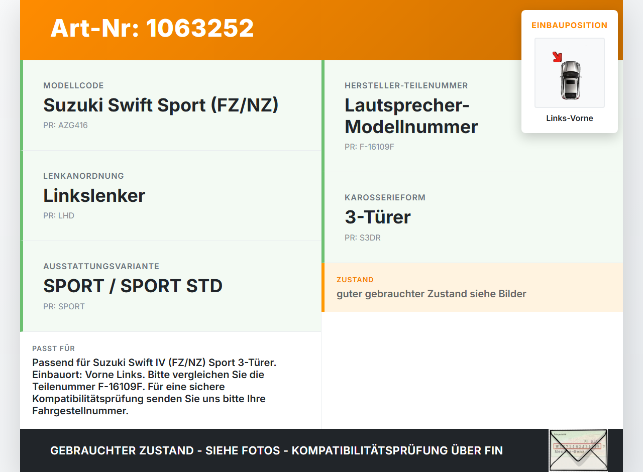 Suzuki Swift IV FZ NZ 12-17 Lautsprecher Links Vorne Suzuki Swift IV FZ NZ 12-17 04.07.2016 F-16109F gebraucht Vorschau 3